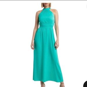 H Halston Sea Green Halter Neck Maxi Length Dress Womens Size L